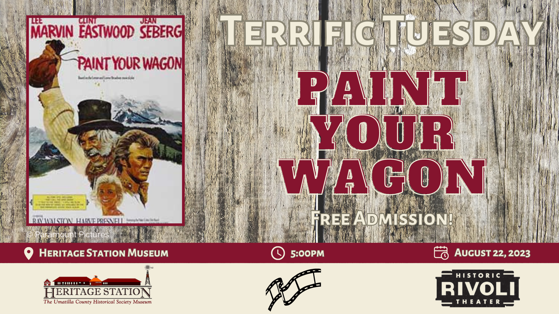 An image reading: "Terrific Tuesday: Paint Your Wagon, Free Admission! Heritage Station Museum, 5:00pm, September 22, 2023"