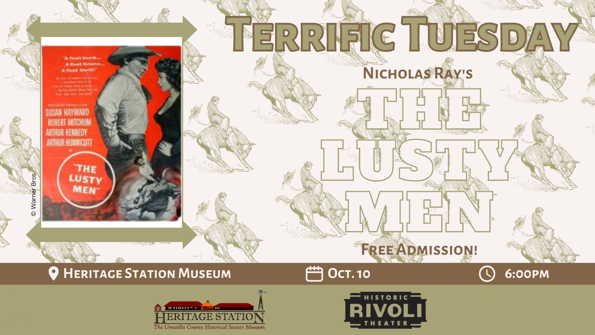 Text Reading: Terrific Tuesday: Nicholas Ray's The Lusty Men, Free Admission! Heritage Station Museum, Oct. 10, 6:00pm